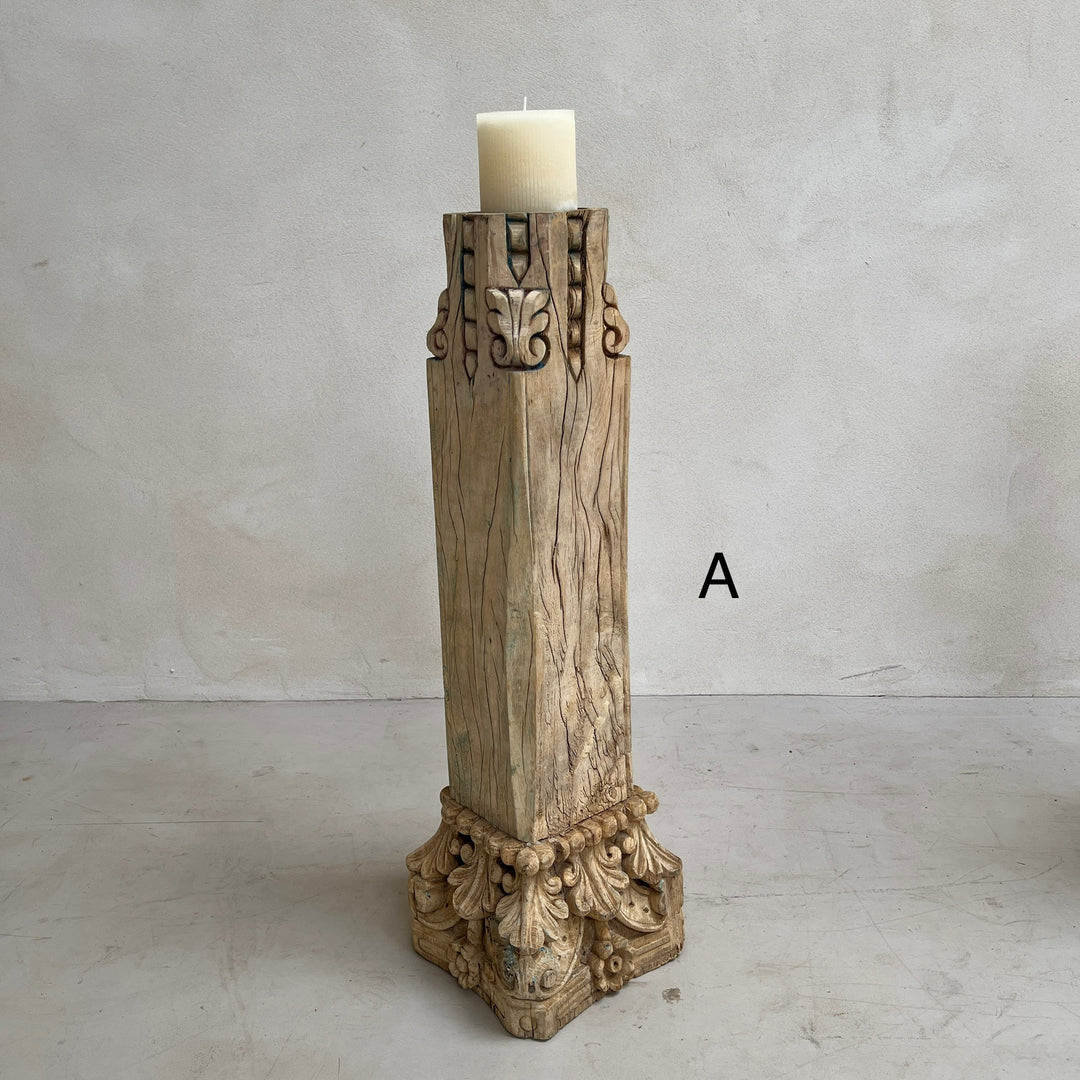 Large Carved Antique Wooden Column Candlestick