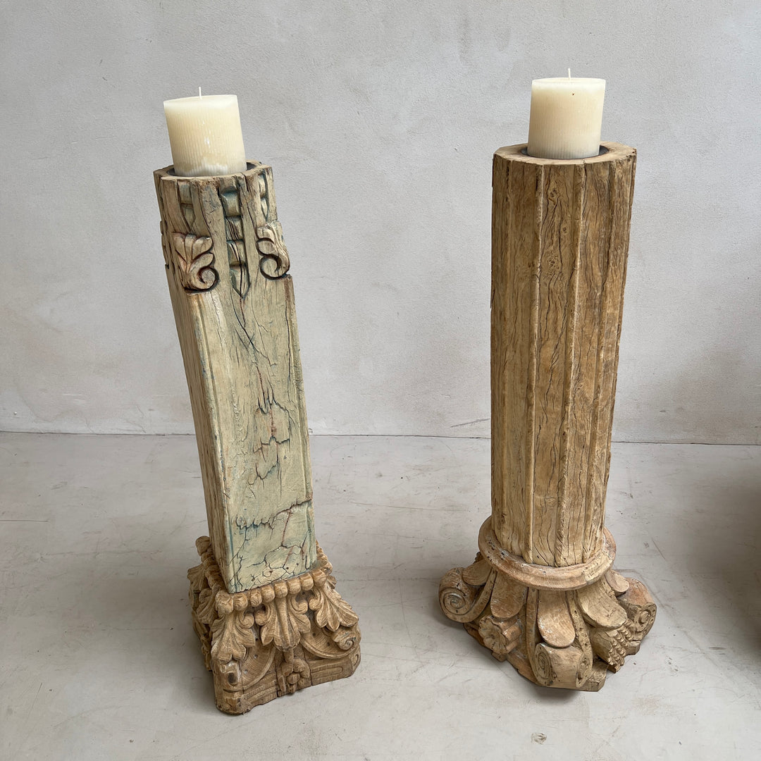 Large Carved Antique Wooden Column Candlestick