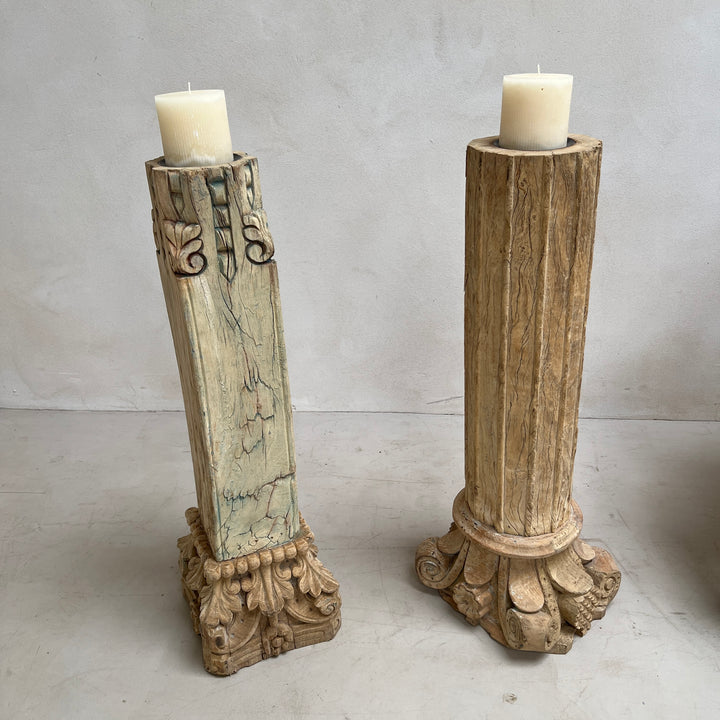 Large Carved Antique Wooden Column Candlestick