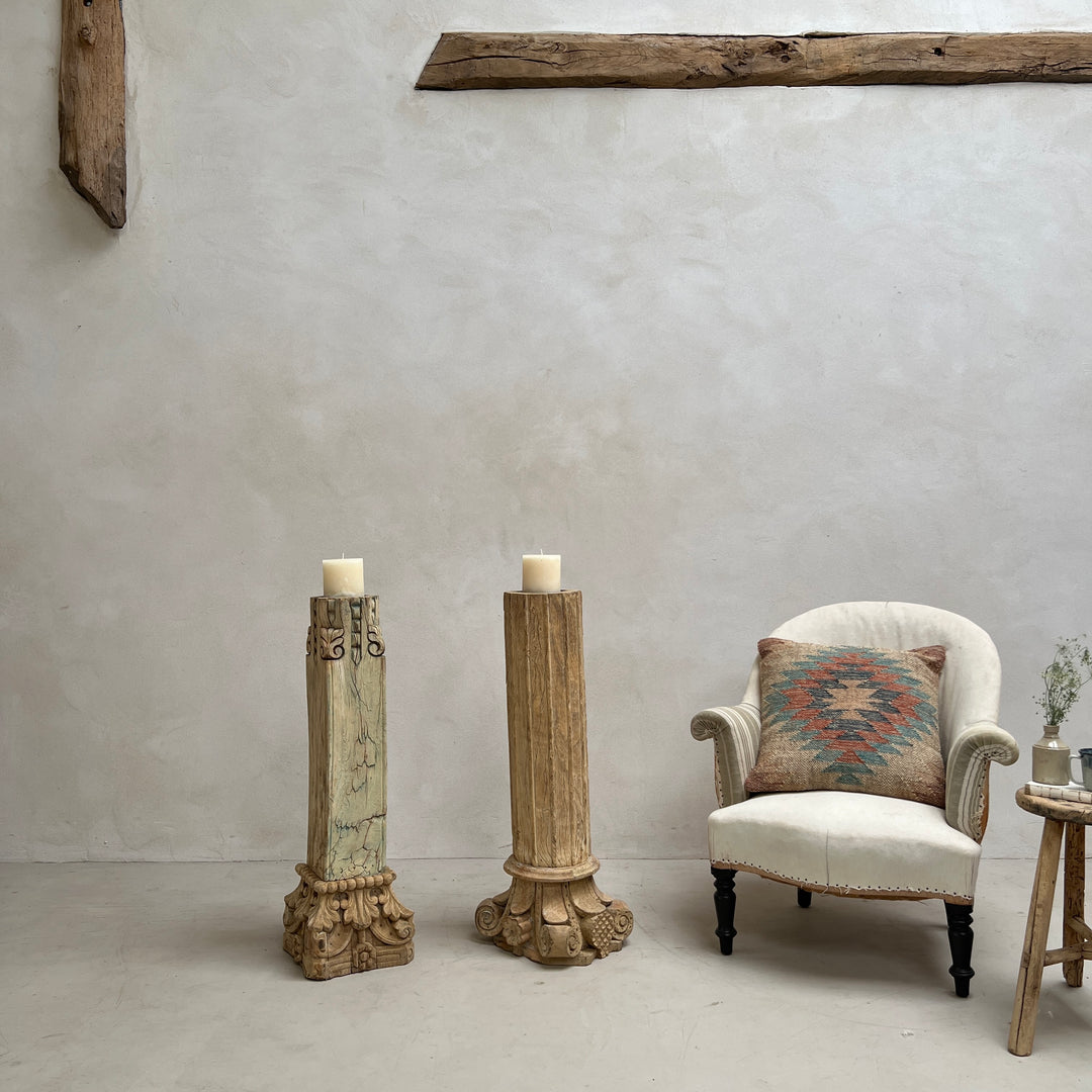 Large Carved Antique Wooden Column Candlestick