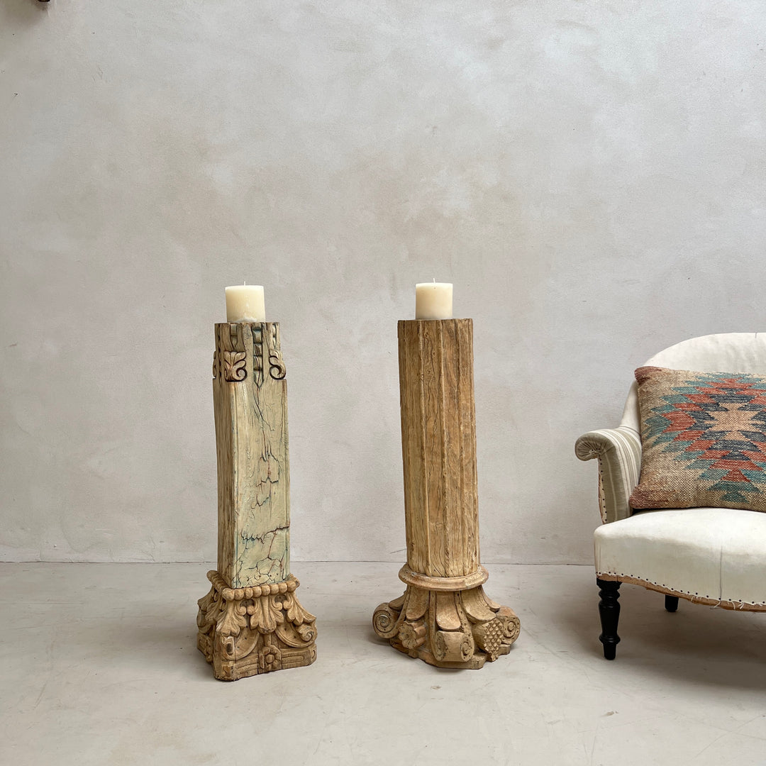 Large Carved Antique Wooden Column Candlestick