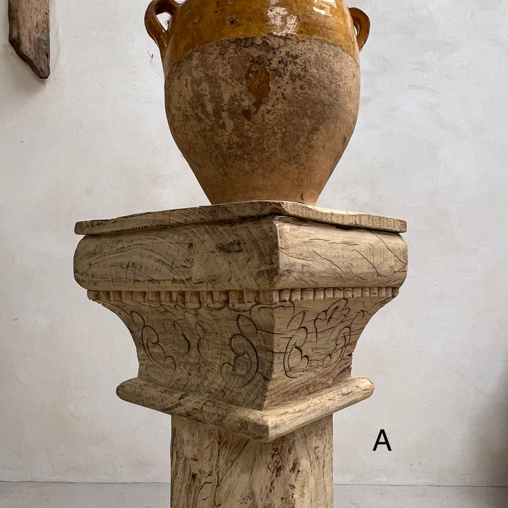 Large Carved Antique Wooden Column Candlestick