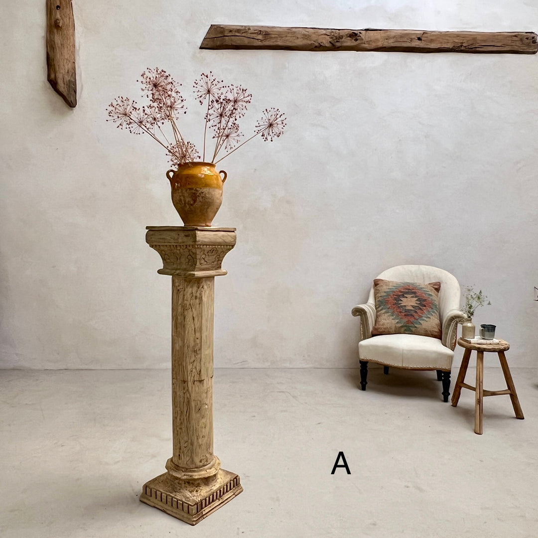 Large Carved Antique Wooden Column Candlestick