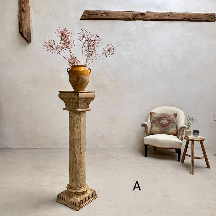 Large Carved Antique Wooden Column Candlestick