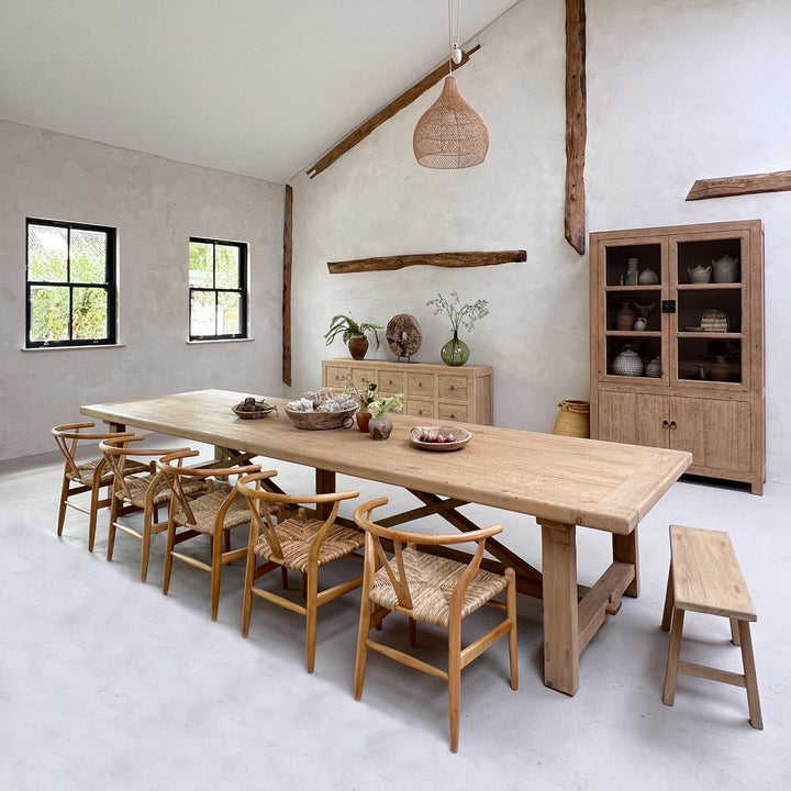 Large reclaimed wood refectory dining table styled with dining chairs  - 4 metre