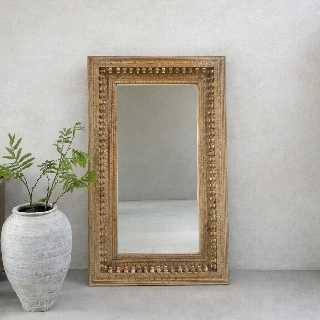 Large hand-carved teak mirror | Aarohi