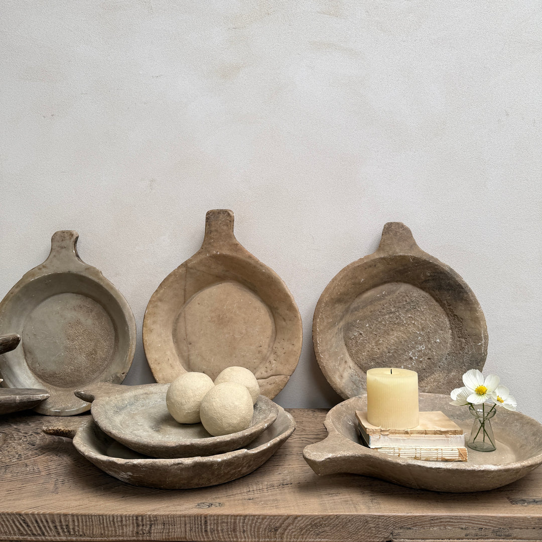 Three antique Indian marble bowls carved from solid stone, each with unique colour variation, texture and character.