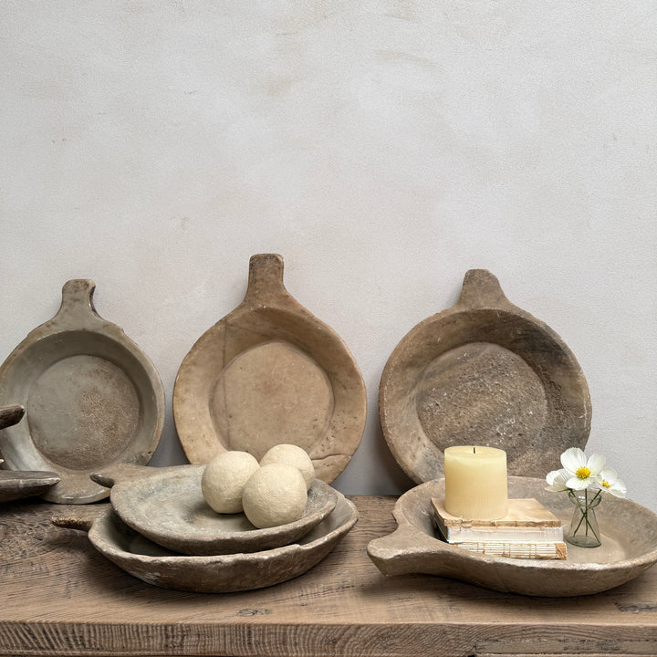 Three antique Indian marble bowls carved from solid stone, each with unique colour variation, texture and character.
