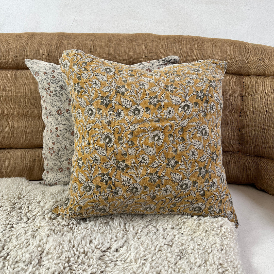 Linen floral cushion Yellow