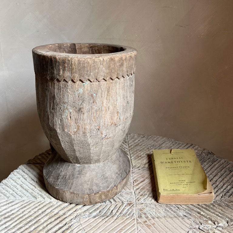 Antique wooden mortar bowl