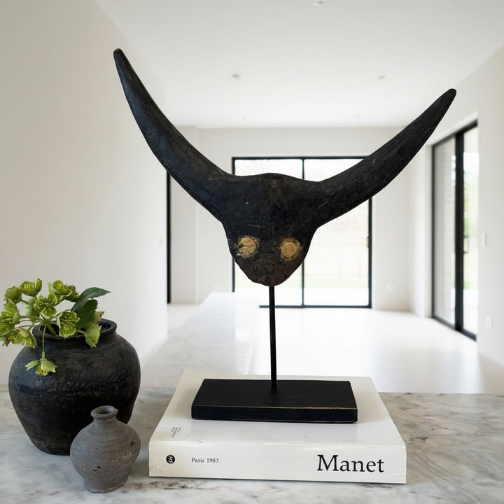 Primitive vintage wooden cow horn mask | Aceh