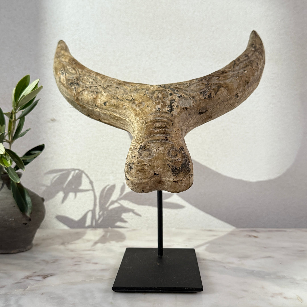 Primitive wooden cow horn sculpture 