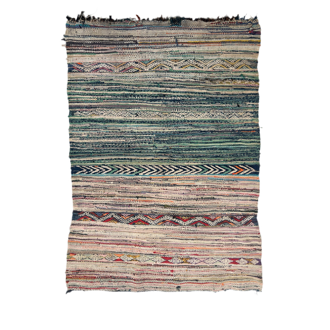 Multicolored woven rug with geometric patterns on a white background