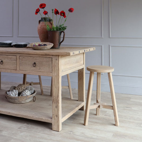 Reclaimed Wood Round Bar Stool at rustic durham kitchen island