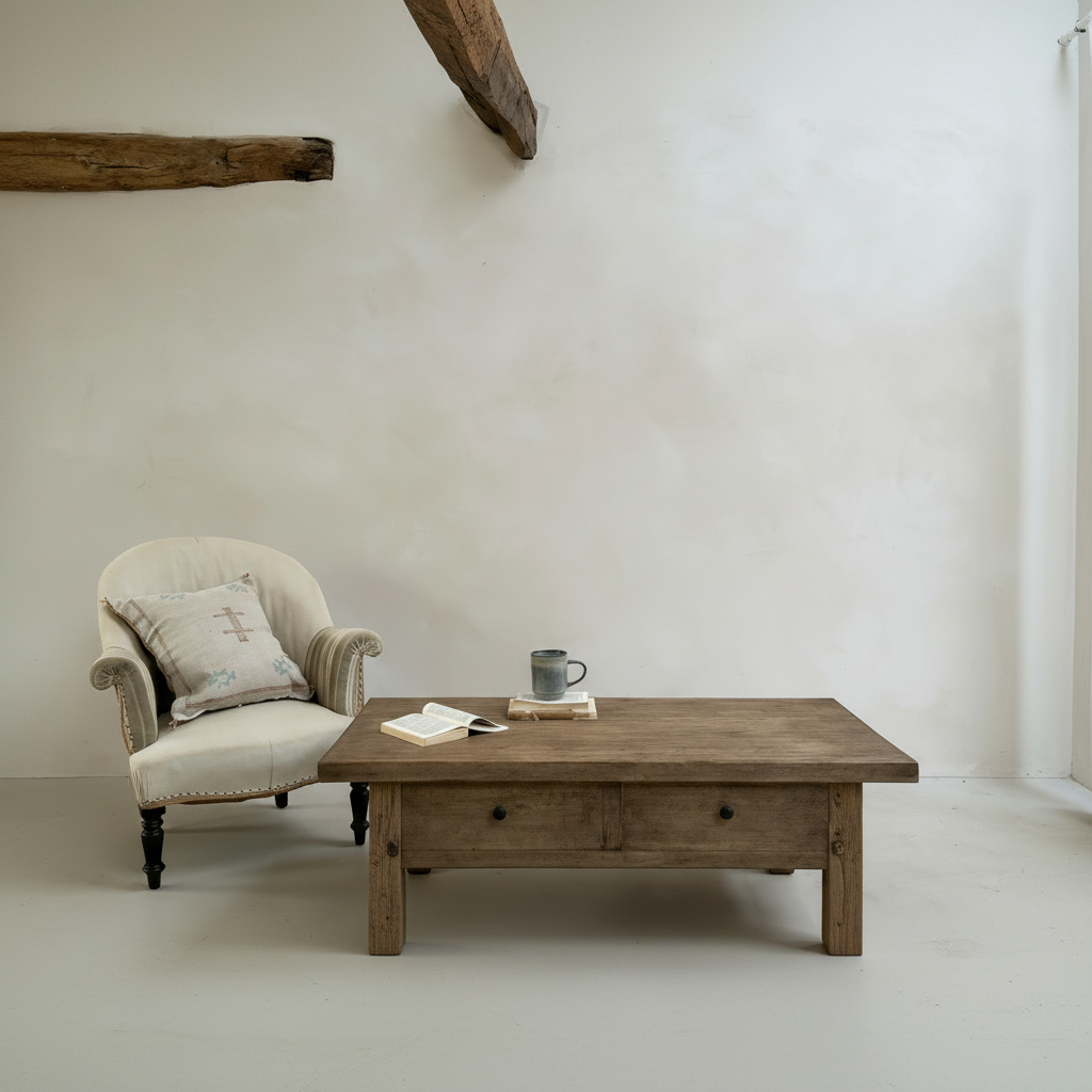 Wooden coffee table with a chair and books in a minimalistic room.