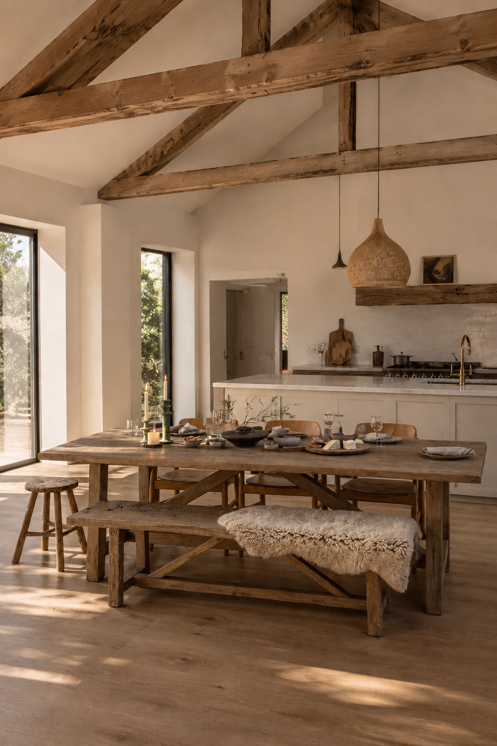Reclaimed Elm Farmhouse Dining Table Cambridge with matching reclaimed wood bench in a contemporary farmhouse kitchen. Crafted from salvaged elm timber, this rustic dining table brings warmth, character and timeless style to open-plan family living and entertaining spaces.