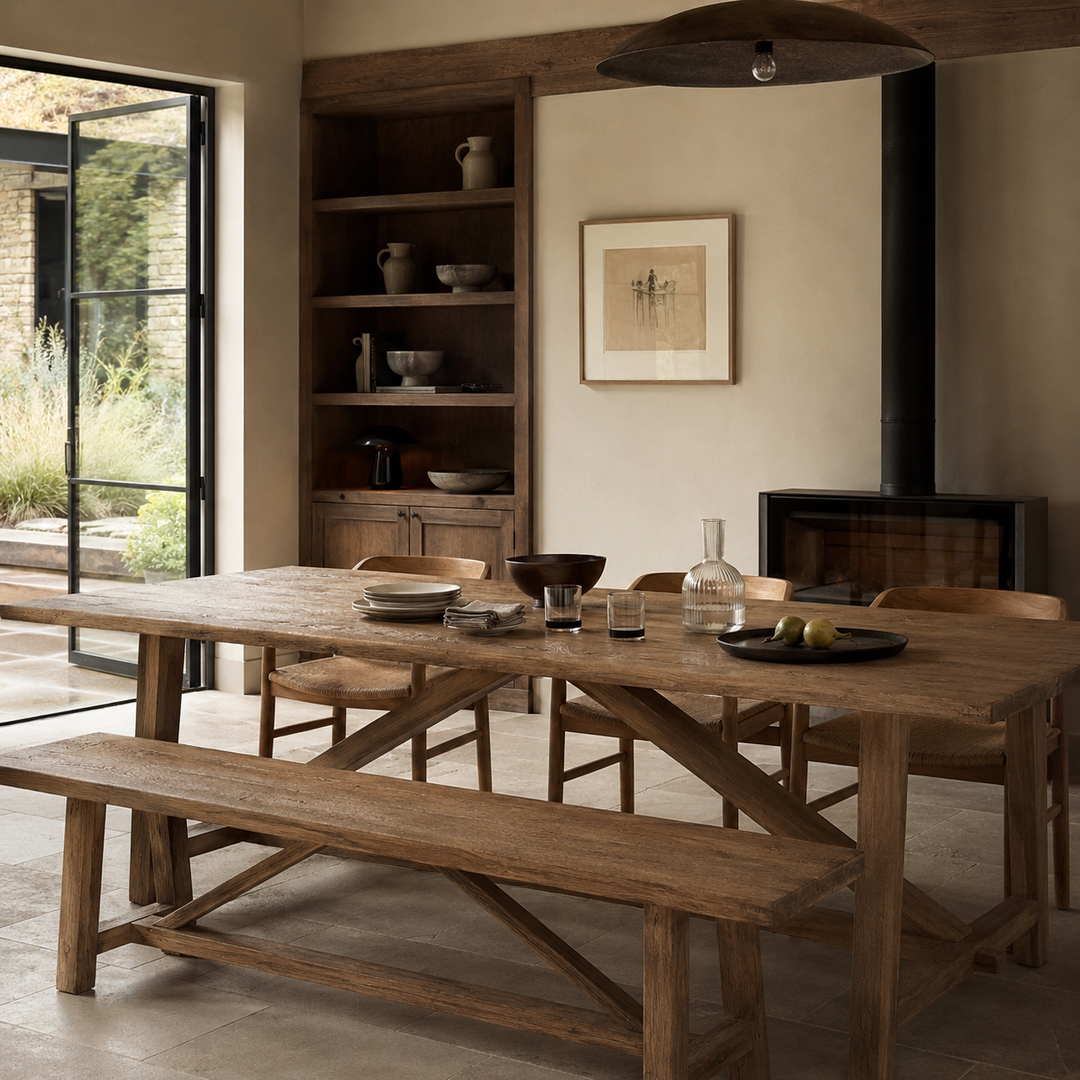 The Reclaimed Elm Farmhouse Dining Table Cambridge, a favourite with interior designers, with matching bench, styled in a contemporary country dining room with natural stone flooring, open shelving and a wood-burning stove. Crafted from salvaged elm timber, the table showcases rich grain, natural variation and traditional farmhouse proportions, bringing understated warmth and character to modern barn and rustic interiors.