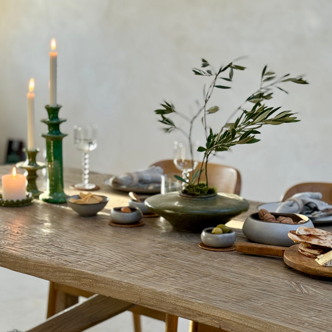 Close-up of the Reclaimed Elm Farmhouse Dining Table Cambridge, highlighting the textured reclaimed elm tabletop and generous dining surface. Crafted from salvaged timber with natural grain variation and characterful detail, ideal for family dining, entertaining and everyday use.