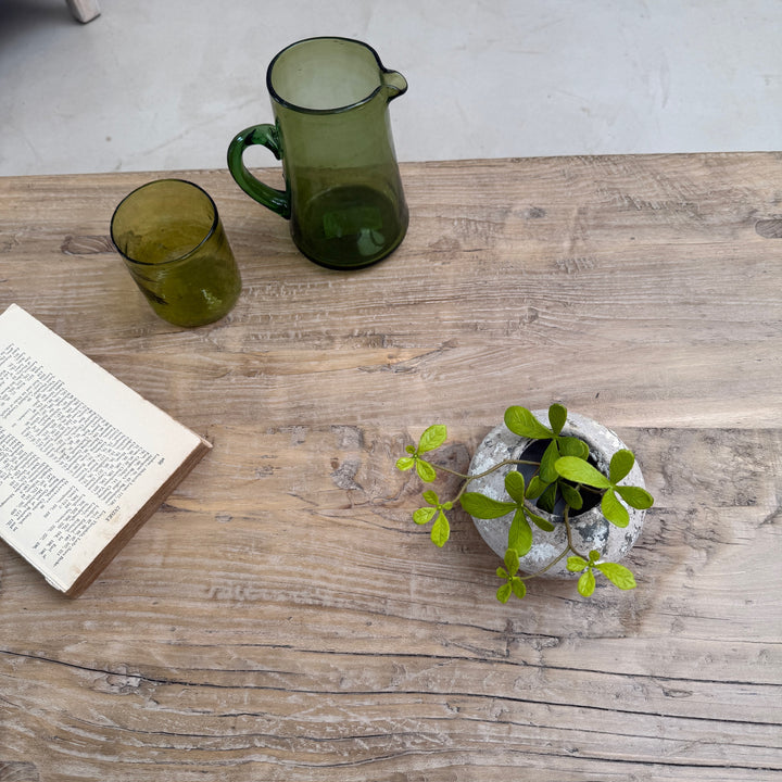 Green glass pitcher and cup on a wooden surface with a small plant and open book.