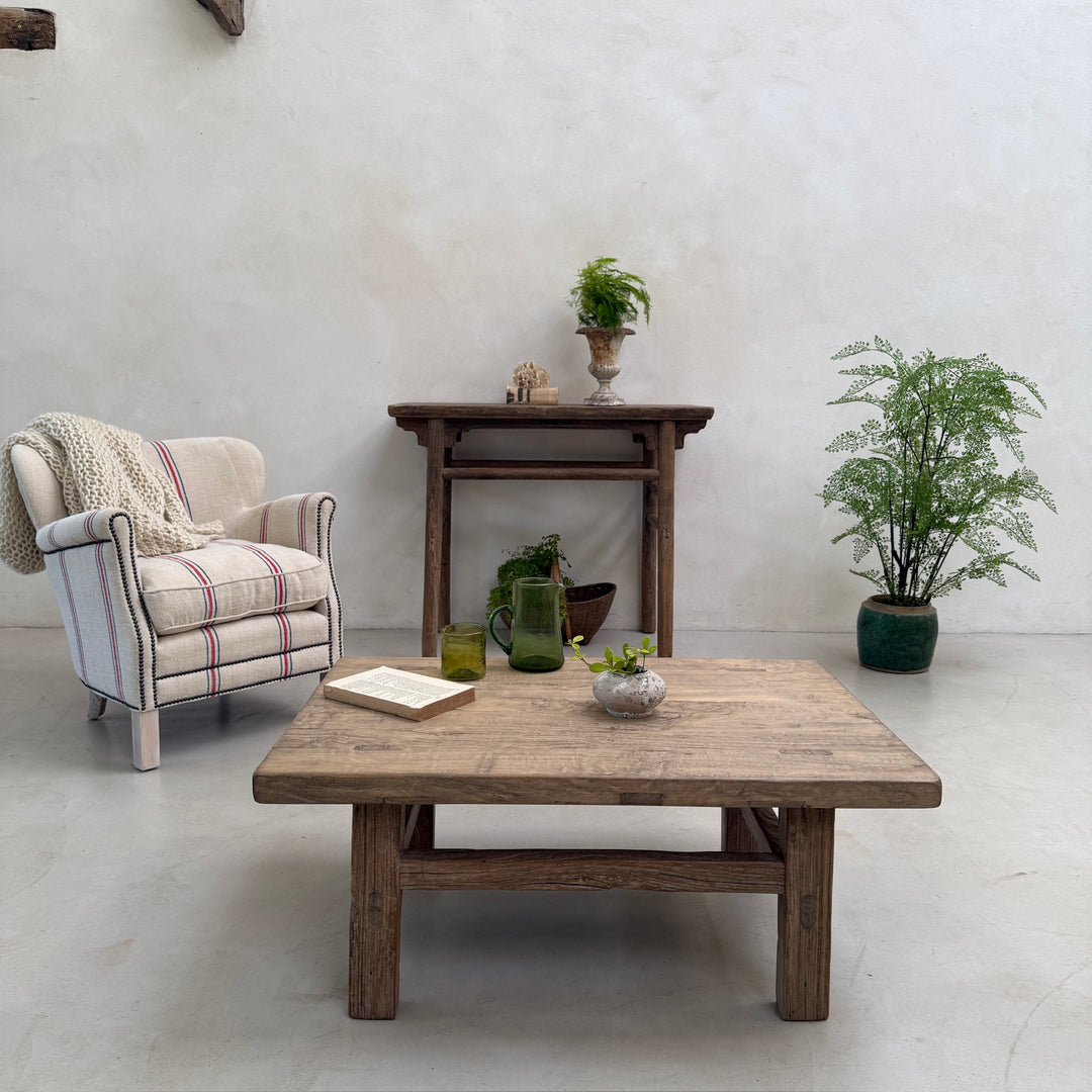 Living room with wooden coffee table, armchair, and decorative items.