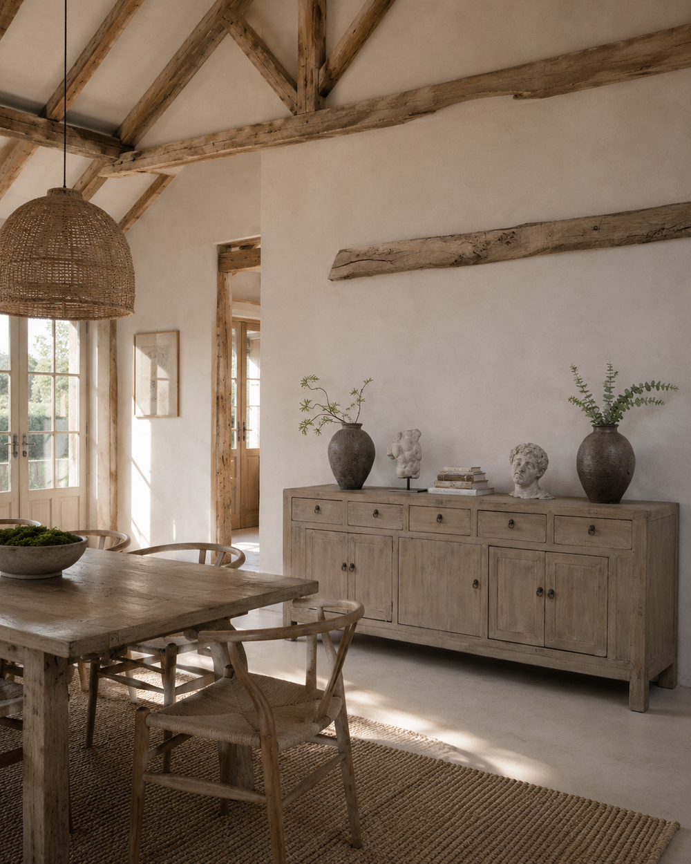 A reclaimed light wood sideboard styled in a bright, minimalist dining room within a converted rustic barn, featuring exposed oak beams, limewashed plaster walls, a matching wooden dining table and bench, natural stone flooring and soft afternoon sunlight.