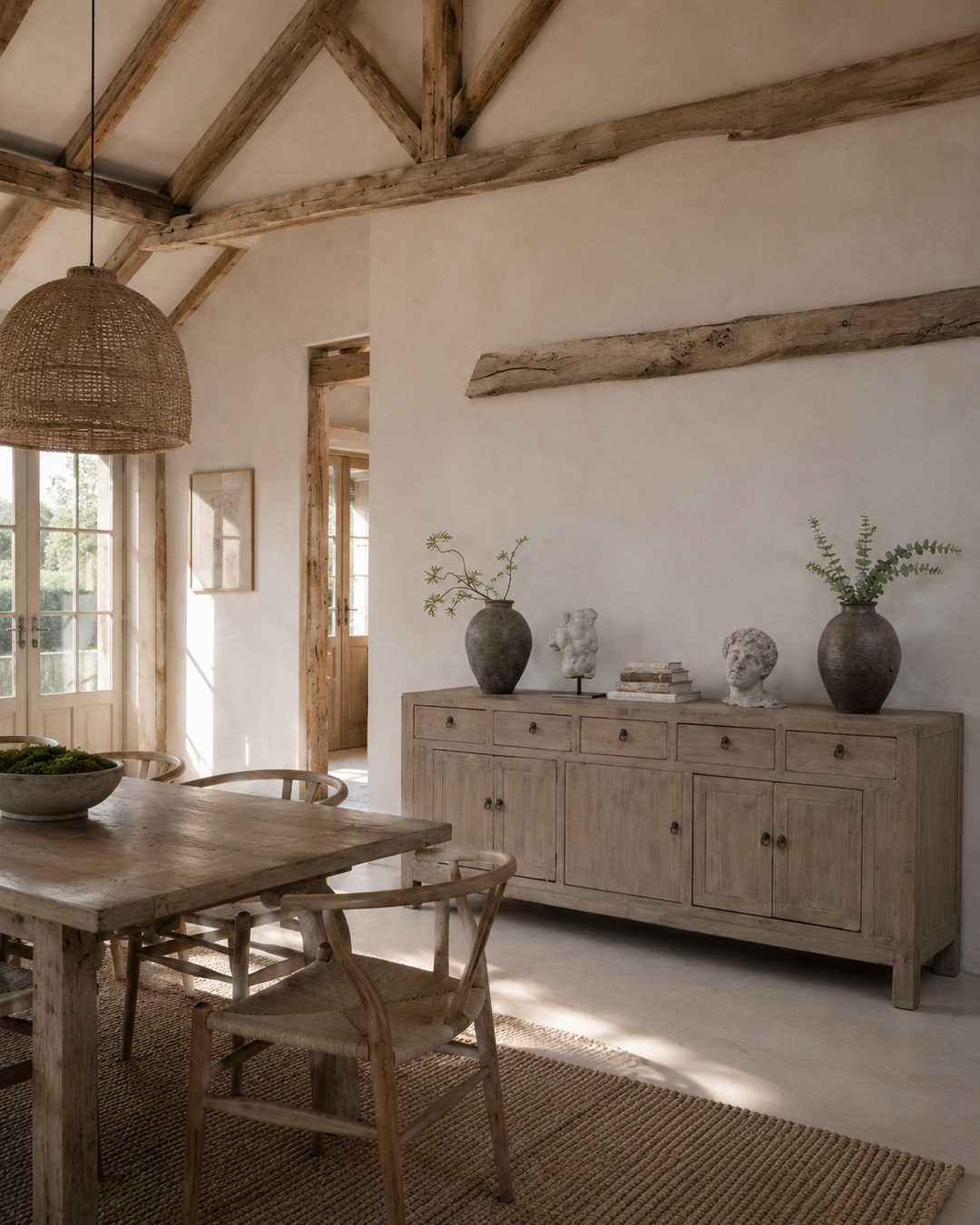 A reclaimed light wood sideboard styled in a bright, minimalist dining room within a converted rustic barn, featuring exposed oak beams, limewashed plaster walls, a matching wooden dining table and bench, natural stone flooring and soft afternoon sunlight.