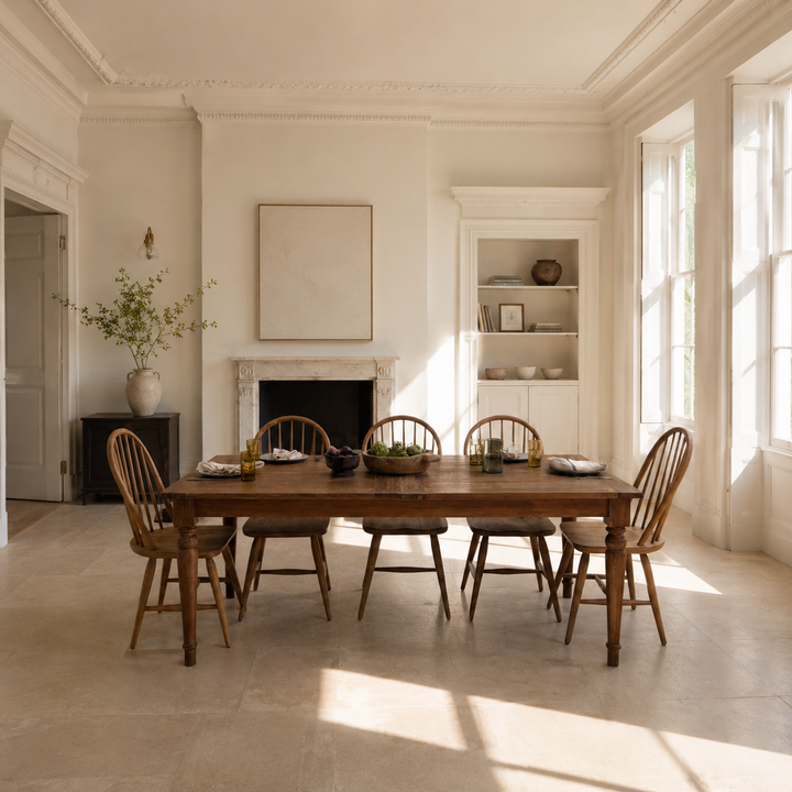 The Reclaimed Teak Extending Dining Table styled in an elegant, light-filled dining room with Windsor chairs. Handcrafted from beautifully salvaged teak, this large extending dining table showcases timeless craftsmanship, rich natural grain and understated luxury for contemporary country interiors.