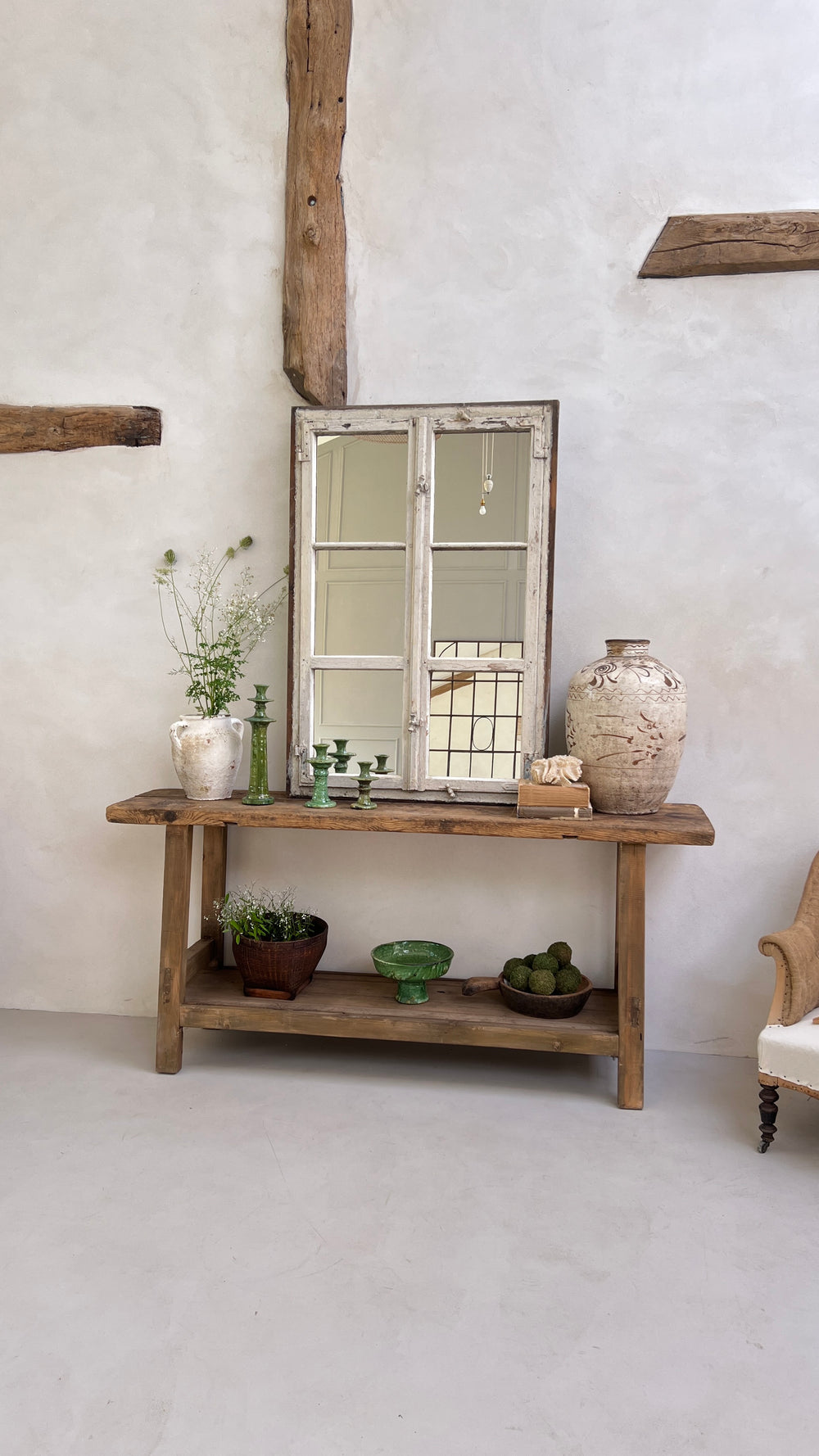 Reclaimed timber window mirror Candace full image on Home Barn console 