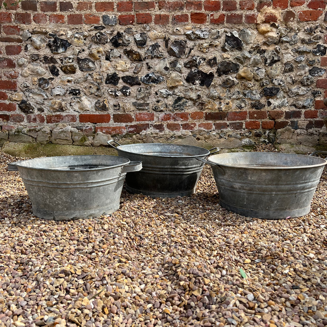 Round vintage galvanised planter collection of three