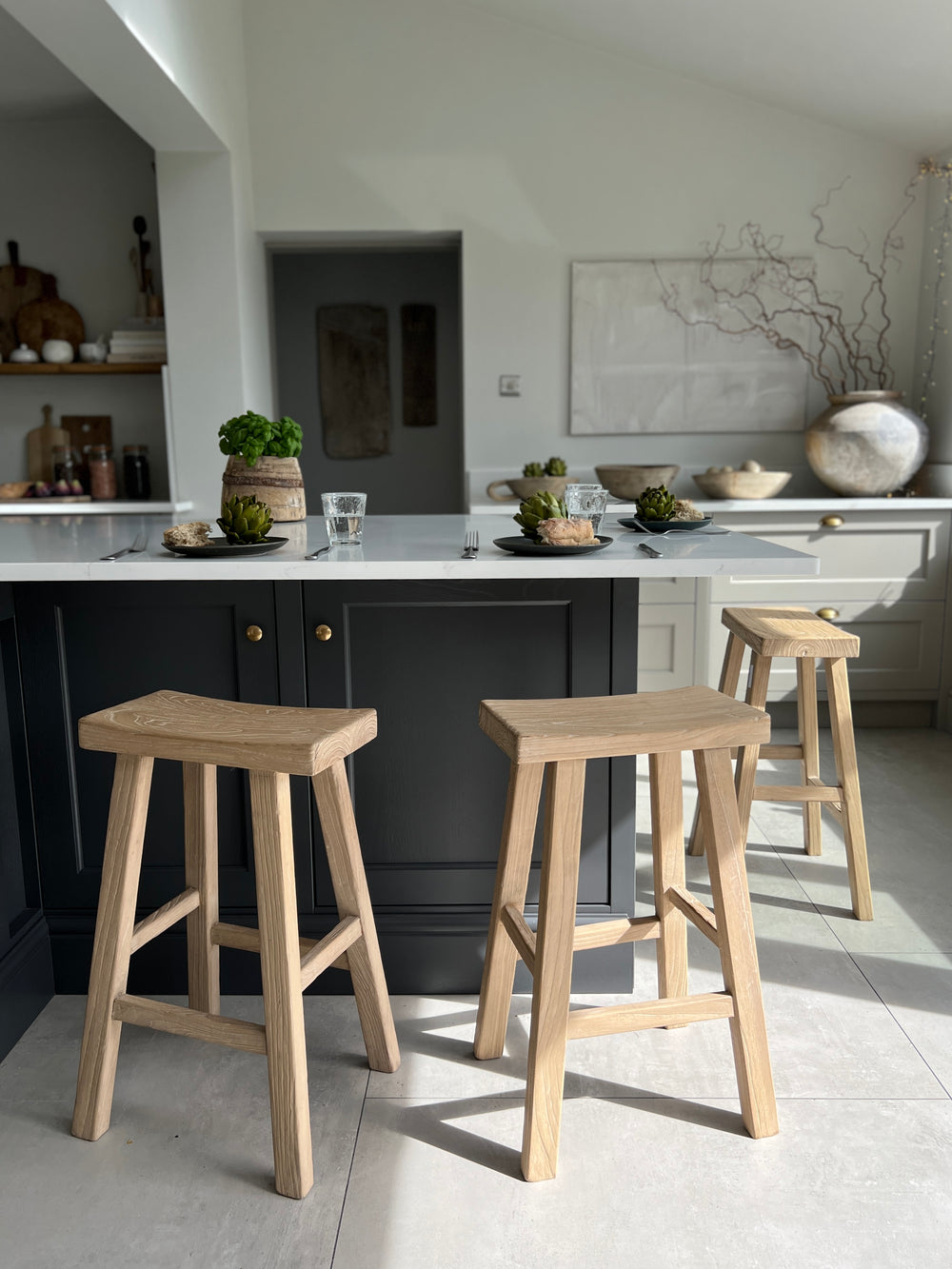 Rustic Reclaimed Wood Bar Stool in a tradtiional painted kitchen