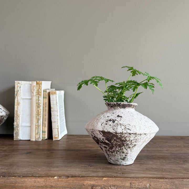 Rustic stoneware decorative vase styled on a reclaimed wooden console with books and faux greenery, creating a calm, collected interior.
