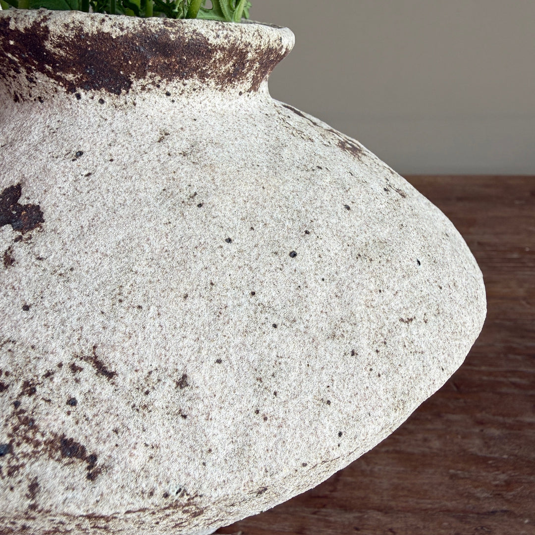 Close-up of the vase neck and artisan stoneware finish, revealing the unique texture and handcrafted detailing of each decorative vase.
