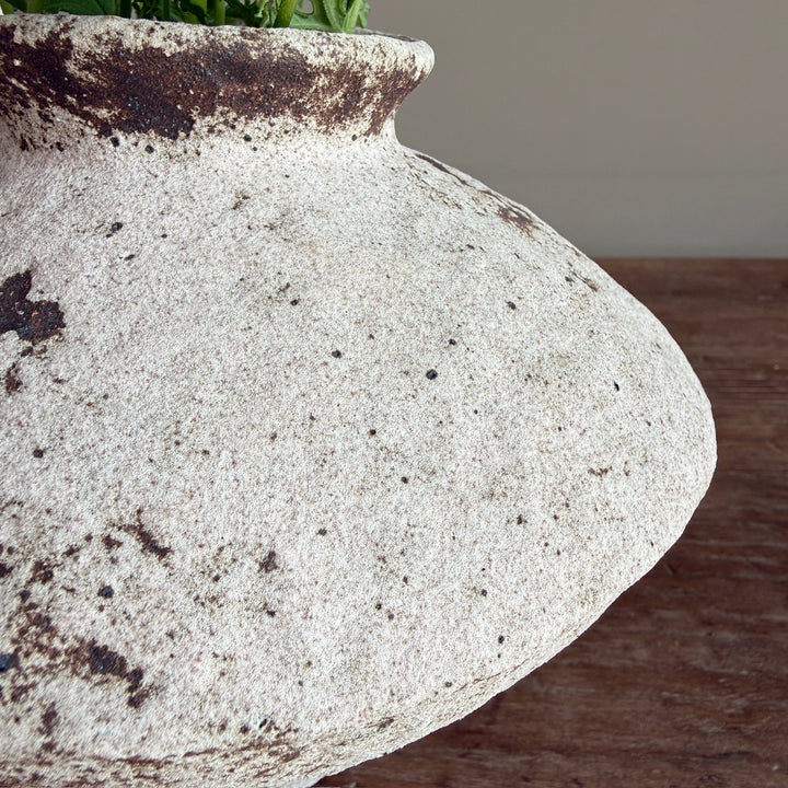 Close-up of the vase neck and artisan stoneware finish, revealing the unique texture and handcrafted detailing of each decorative vase.
