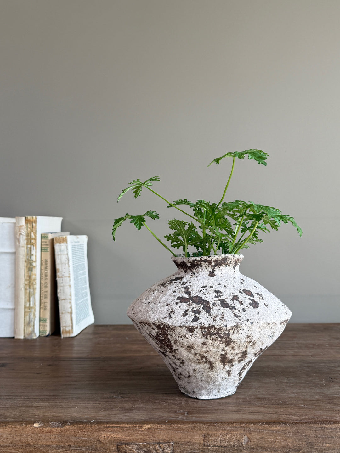 Rustic stoneware decorative vase displayed with faux greenery, demonstrating its timeless proportions and relaxed styling for contemporary country homes.
