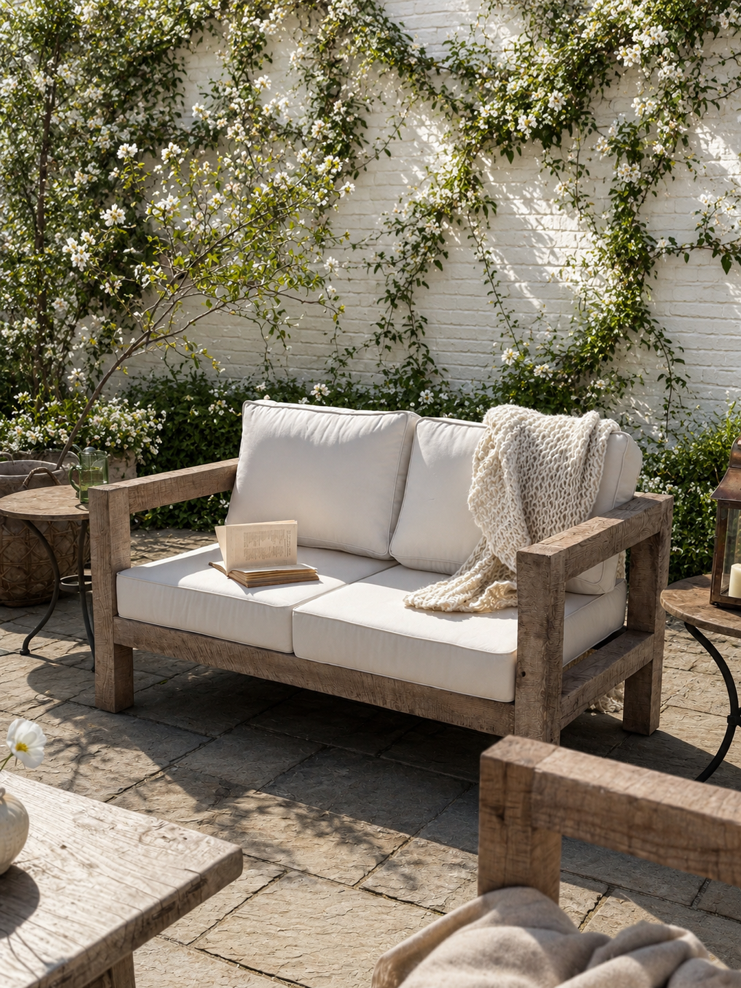 Outdoor patio setting with a wooden sofa, cushions, and a blanket against a white brick wall with greenery.