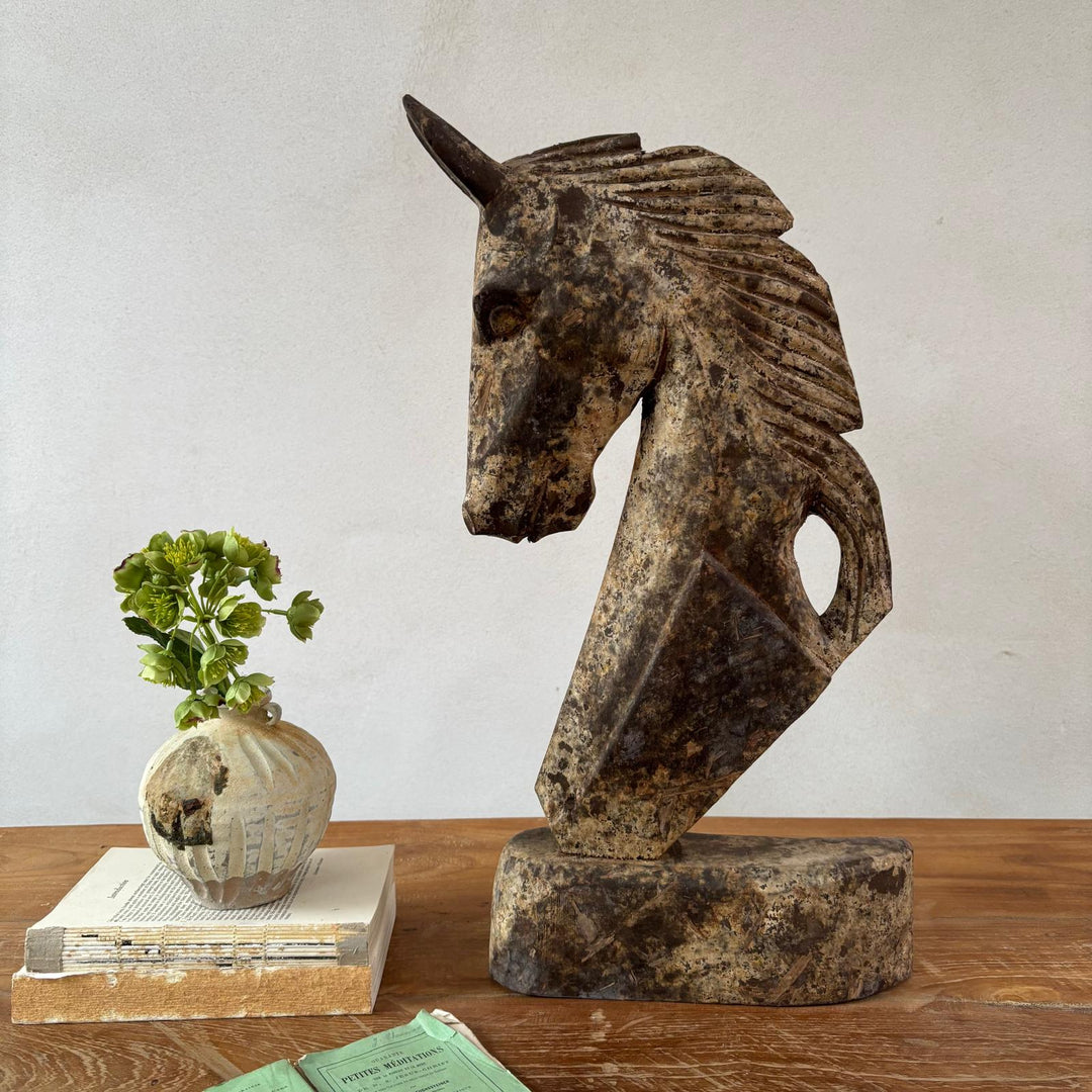 Rustic Wooden Chess Horse Statue 