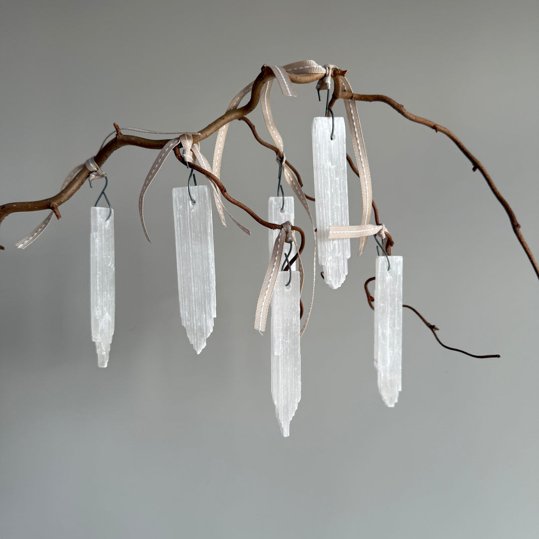 Set of six selenite crystal ornaments