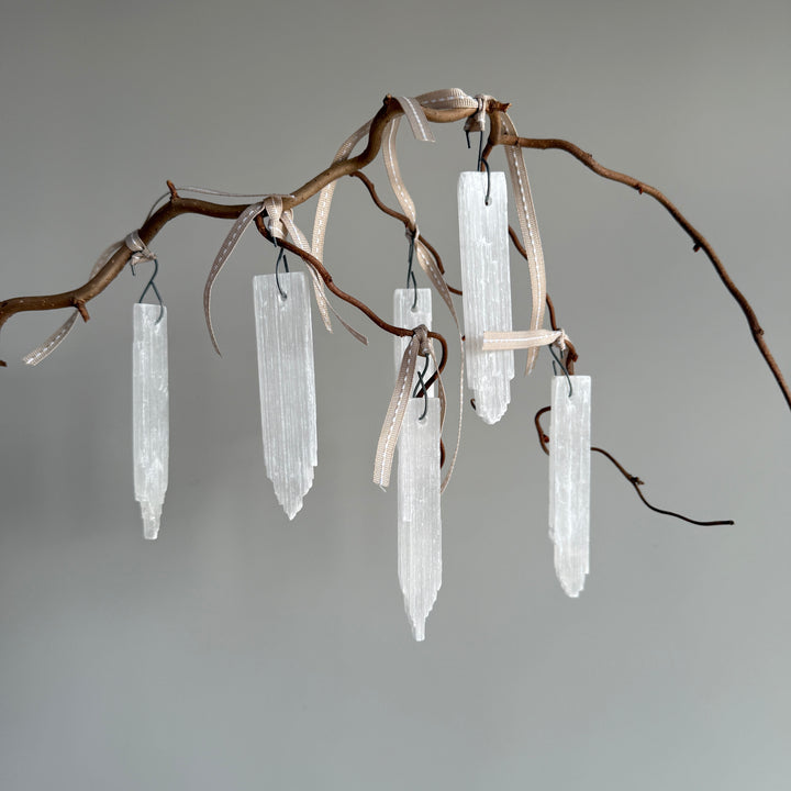 Set of six selenite crystal ornaments