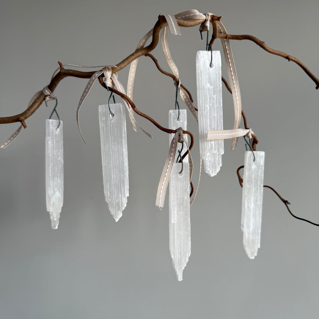 Set of six selenite crystal ornaments