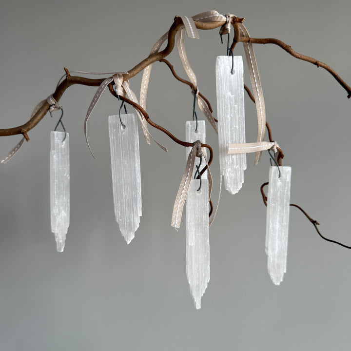 Set of six selenite crystal ornaments