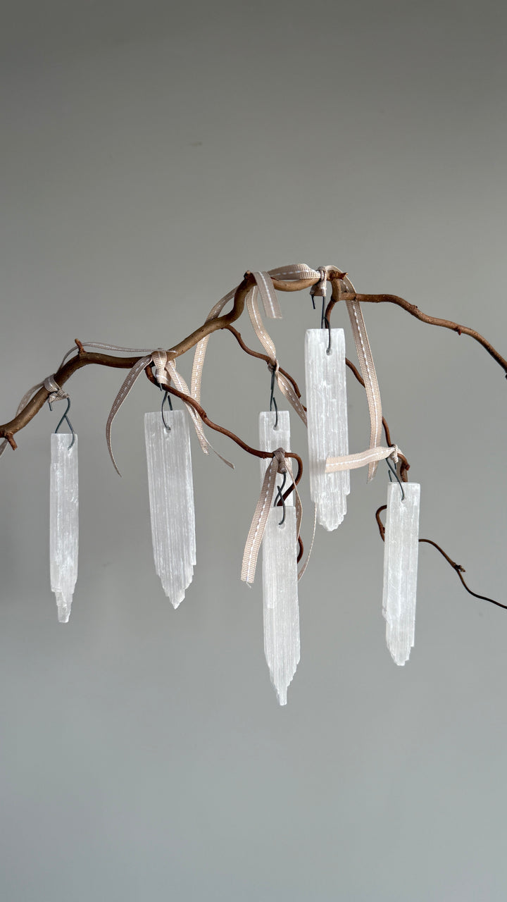 Set of six selenite crystal ornaments