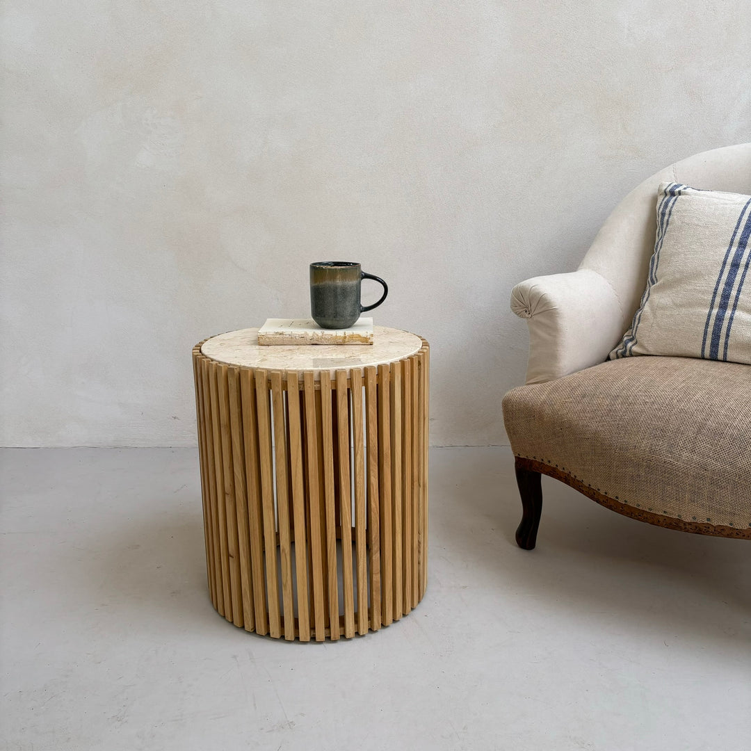 Slatted round marble topped side table