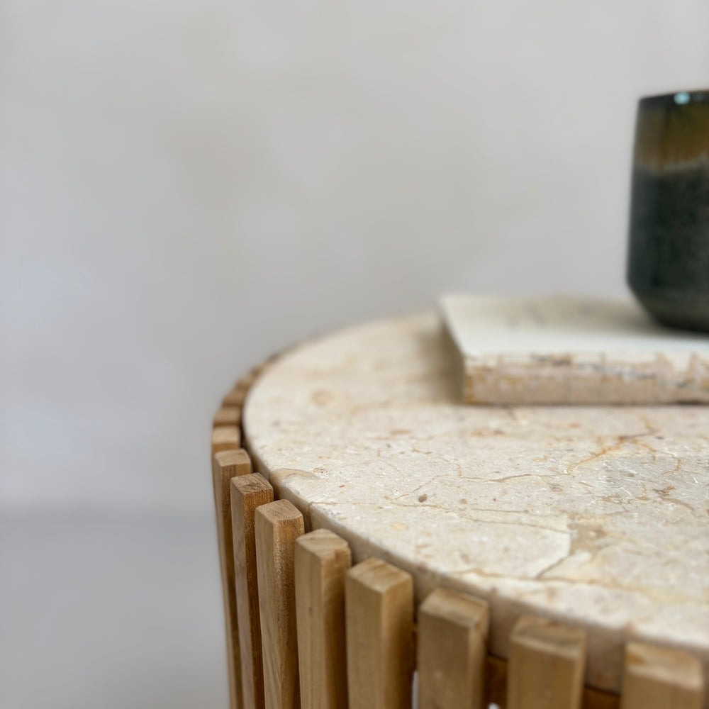 Slatted round marble topped side table