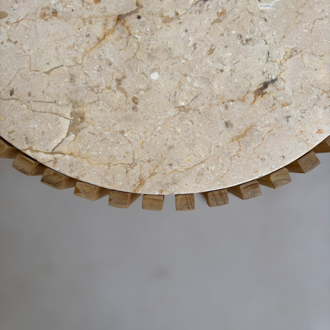 Slatted round marble topped side table detail