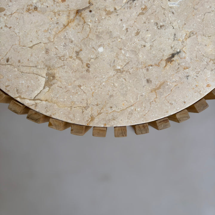 Slatted round marble topped side table detail