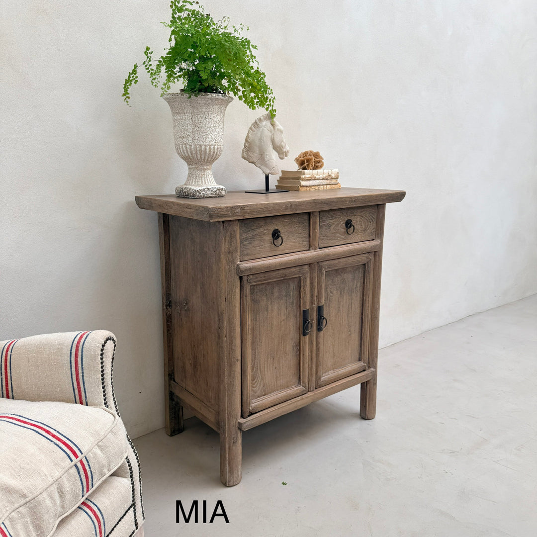 Wooden side table with a plant and decorative items against a white wall, with &