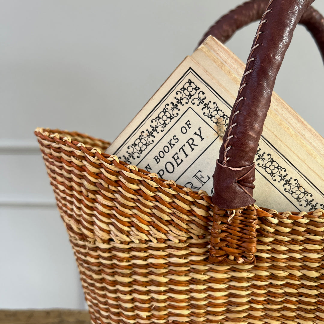 Small woven shopping basket Valentine close up detail of handle