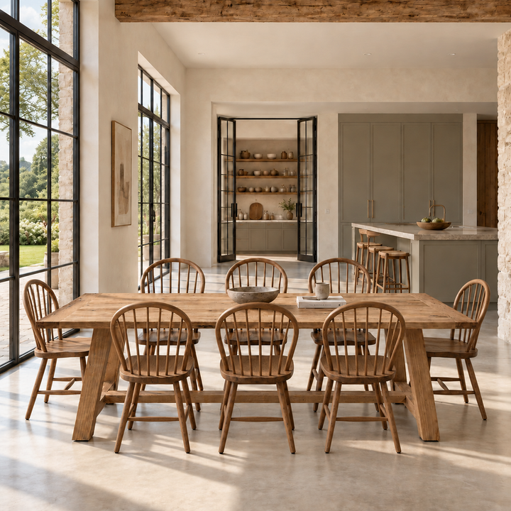 Suffolk 250cm reclaimed oak eight seater dining table in a luxury modern country kitchen