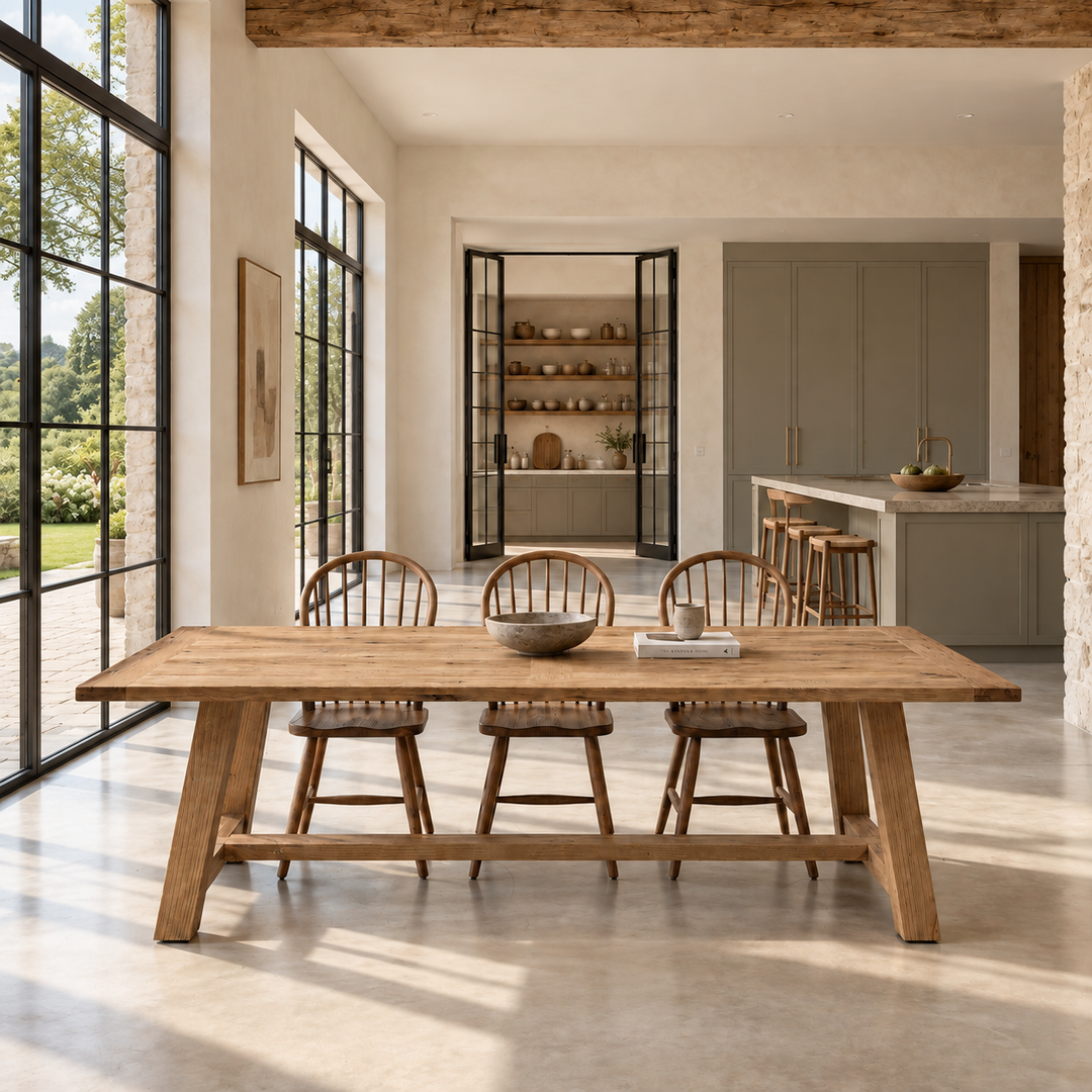 Suffolk solid reclaimed oak dining table in a luxury contemporary country kitchen