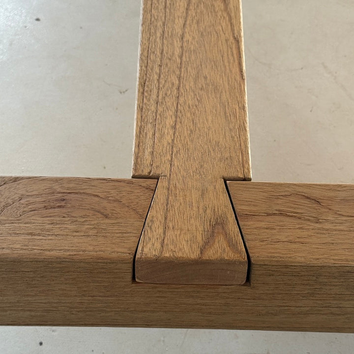 Traditional timber joint detail on the solid reclaimed oak Suffolk dining table